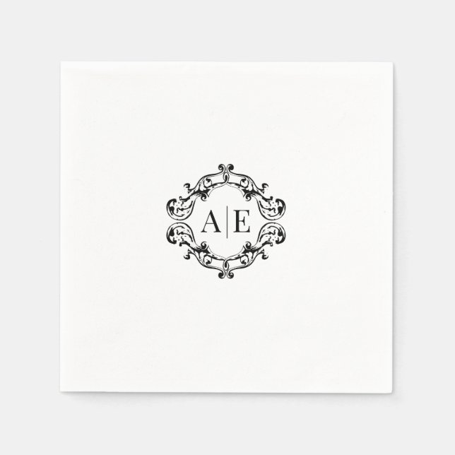 Antique Black & White Crest Monogram Wedding Napkin (Front)