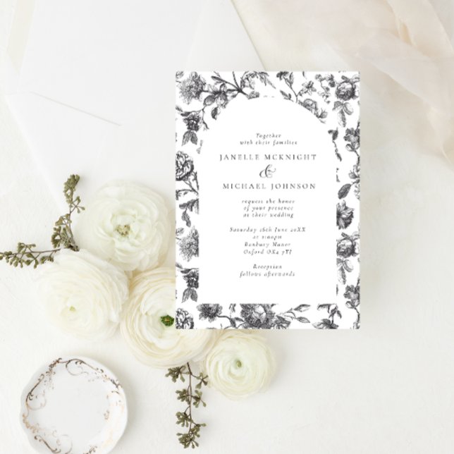 Antique Black & White Floral Toile Arch Wedding  Invitation (Creator Uploaded)