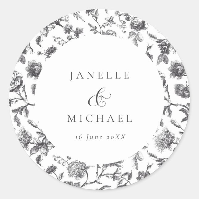 Antique Black & White Floral Toile Wedding  Classic Round Sticker (Front)