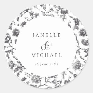 Antique Black & White Floral Toile Wedding Classic Round Sticker