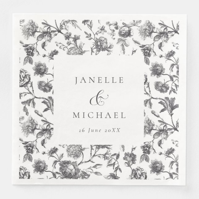 Antique Black & White Floral Toile Wedding  Napkin (Front)