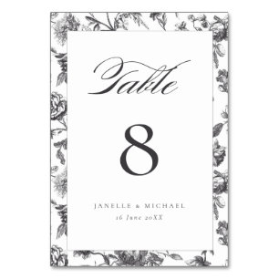 Antique Black & White Floral Toile Wedding  Table Number