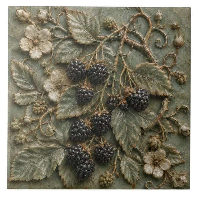 Antique Blackberry Vine Botanical Faux Relief Tile (Front)