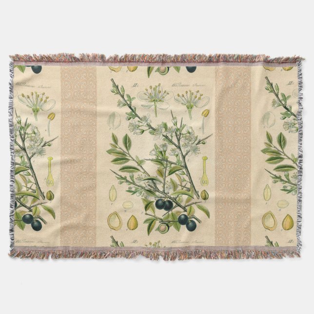 Antique Blackthorn Botanical Print Flower Berry Throw Blanket (Front)