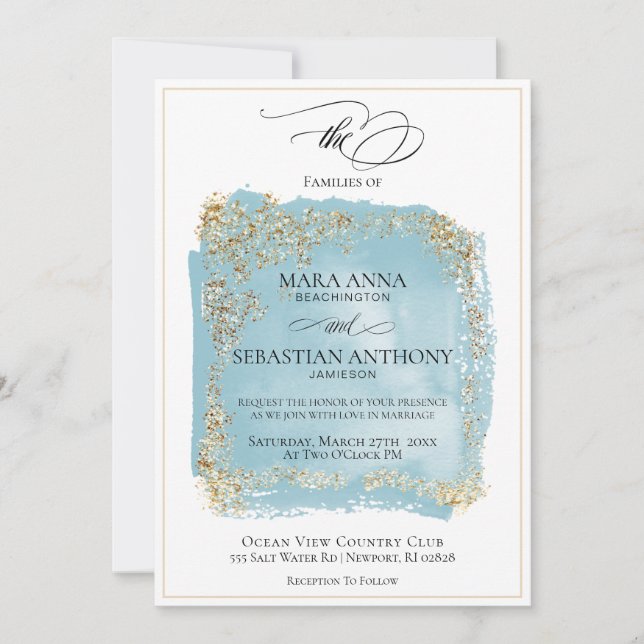 *~* Antique Blue Abstract  Gold Glitter Wedding Invitation (Front)