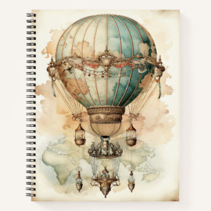 Antique Blue Airship World Map Explorer Notebook