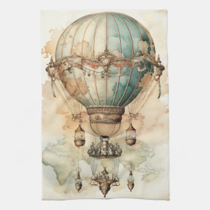 Antique Blue Airship World Map Explorer Tea Towel