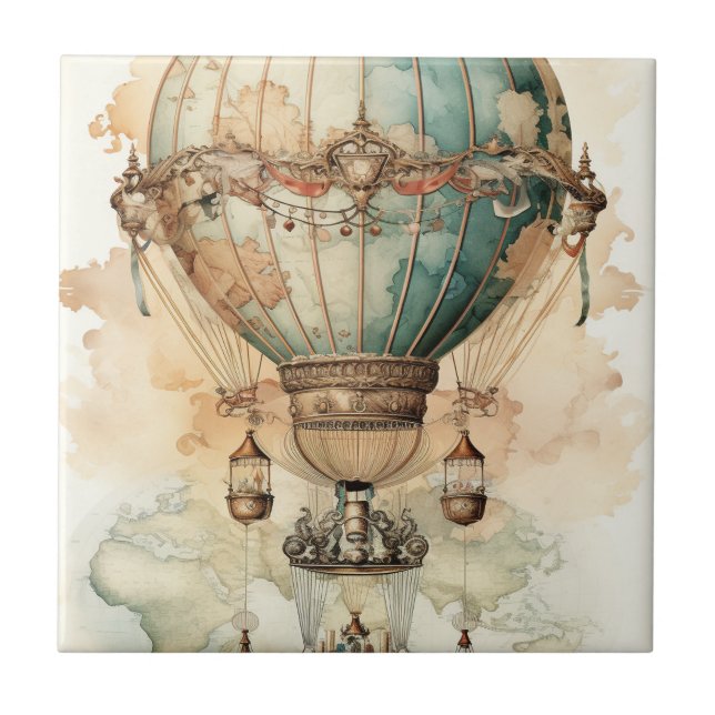 Antique Blue Airship World Map Explorer Tile (Front)