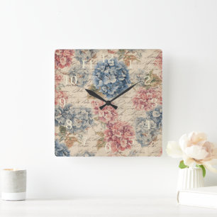 Antique Blue and Pink Hydrangea Ephemera Script Square Wall Clock