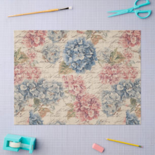 Antique Blue and Pink Hydrangea Ephemera Script Tissue Paper
