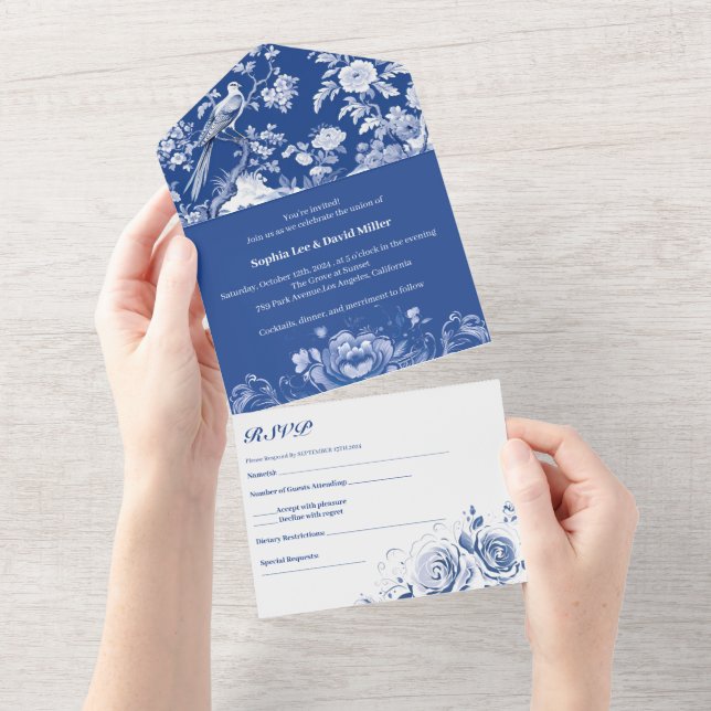 Antique Blue And White Chinoiserie Floral Wedding All In One Invitation (Tearaway)