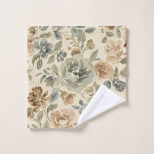 Antique Blue Brown Sage Beige Watercolor Floral Bath Towel Set