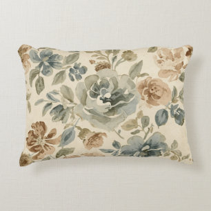 Antique Blue Brown Sage Beige Watercolor Floral Decorative Cushion