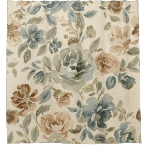Antique Blue Brown Sage Beige Watercolor Floral Shower Curtain