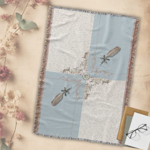 Antique Blue Classic Manuscript Woven Fringe Throw Blanket