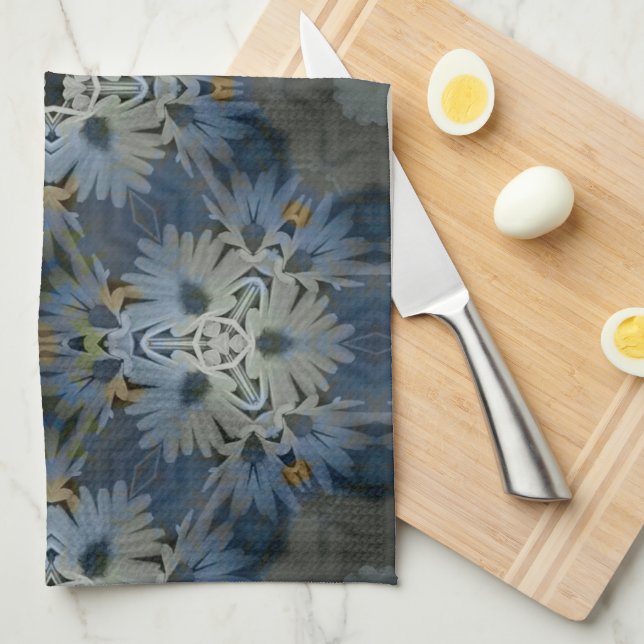 Antique Blue Daisy Floral Tea Towel (Quarter Fold)