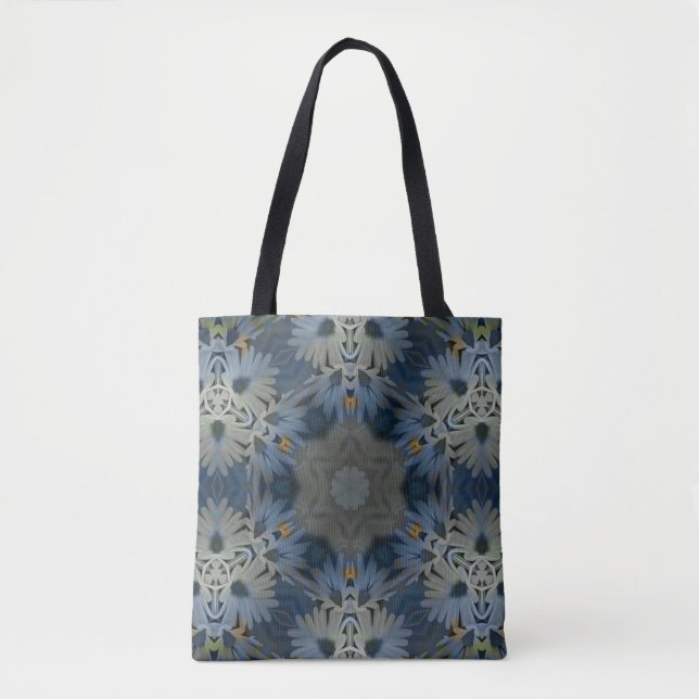 Antique Blue Daisy Floral Tote Bag (Front)