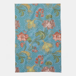 Antique Blue Damask Floral Gold Brocade Design Tea Towel