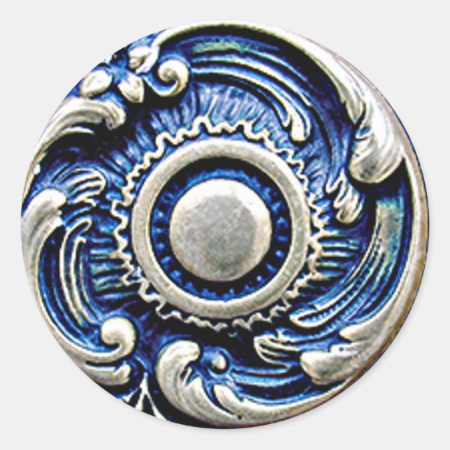 Antique Blue Faux Silver Round Floral Art Pattern Classic Round Sticker (Front)