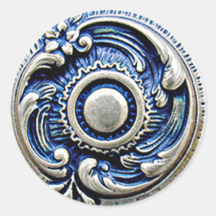 Antique Blue Faux Silver Round Floral Art Pattern Classic Round Sticker