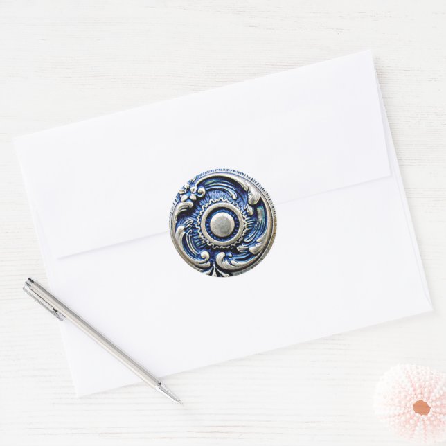 Antique Blue Faux Silver Round Floral Art Pattern Classic Round Sticker (Envelope)