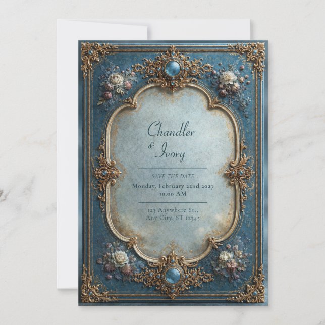 Antique Blue Floral Wedding Invitation (Front)