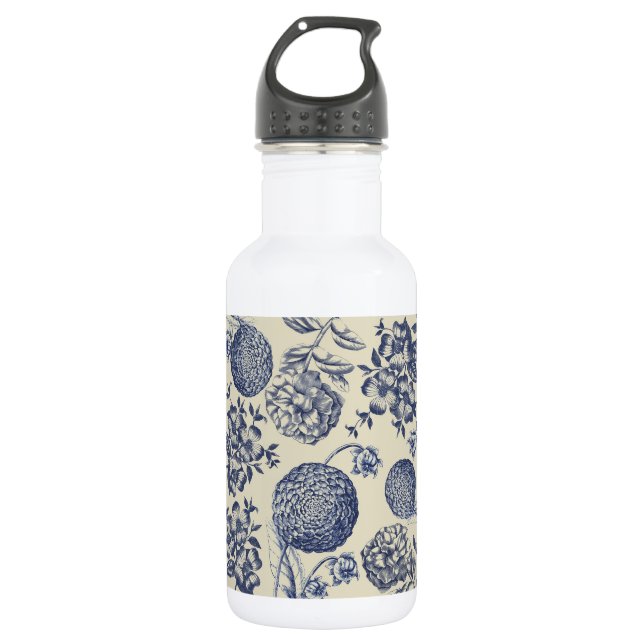 Antique Blue Flower Print Floral 532 Ml Water Bottle (Front)