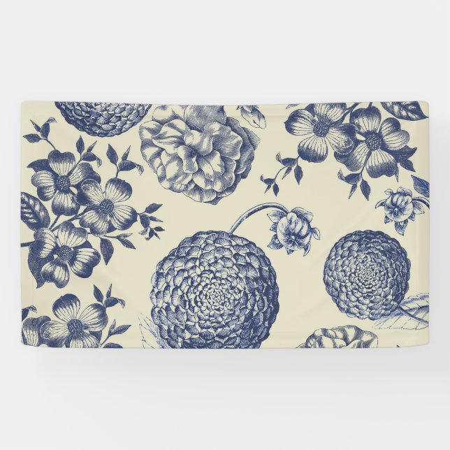 Antique Blue Flower Print Floral Banner (Horizontal)