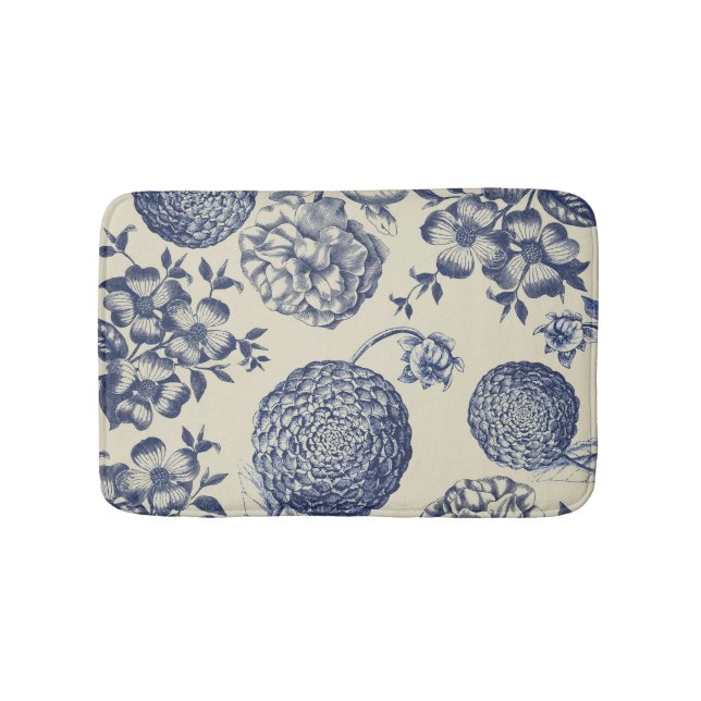 Antique Blue Flower Print Floral Bath Mat (Front)