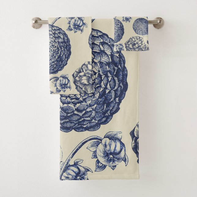 Antique Blue Flower Print Floral Bath Towel Set (Insitu)
