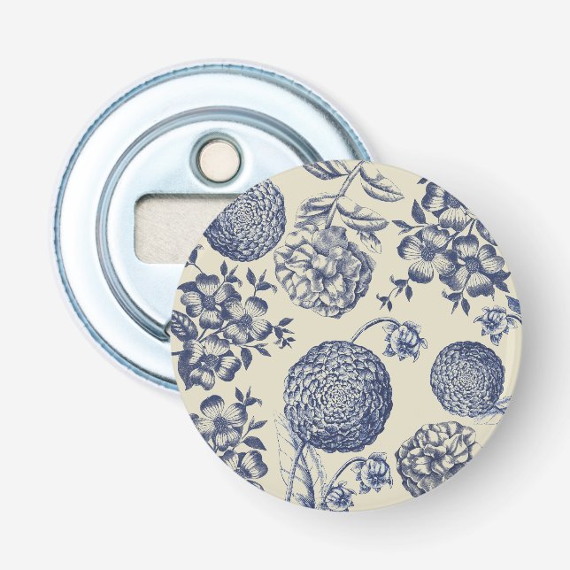 Antique Blue Flower Print Floral Bottle Opener (Front)