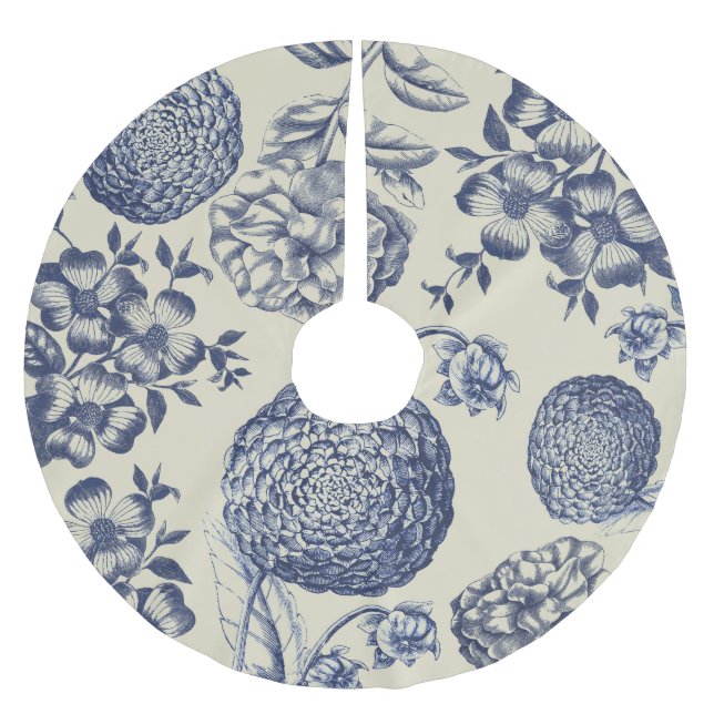 Antique Blue Flower Print Floral Brushed Polyester Tree Skirt (Front)
