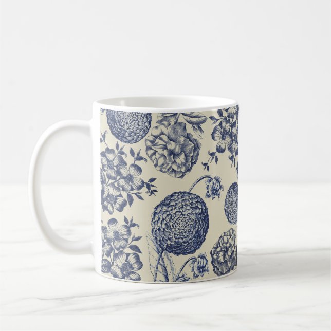 Antique Blue Flower Print Floral Coffee Mug (Left)