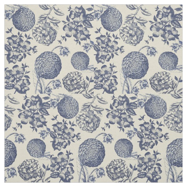 Antique Blue Flower Print Floral Fabric (Swatch)