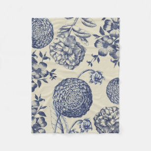 Antique Blue Flower Print Floral Fleece Blanket