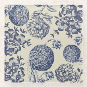 Antique Blue Flower Print Floral Glass Coaster