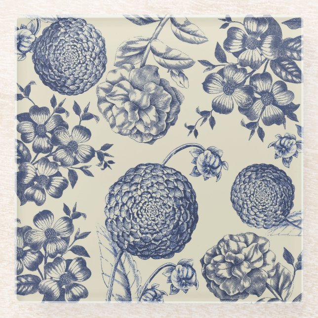 Antique Blue Flower Print Floral Glass Coaster (Front)