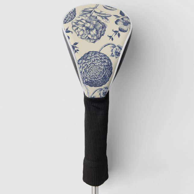 Antique Blue Flower Print Floral Golf Head Cover (Front)