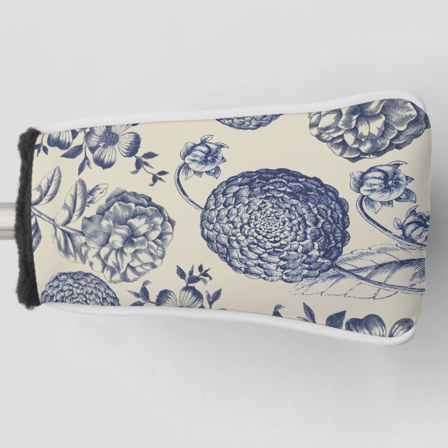Antique Blue Flower Print Floral Golf Head Cover (Front)