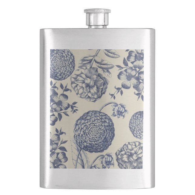 Antique Blue Flower Print Floral Hip Flask (Front)