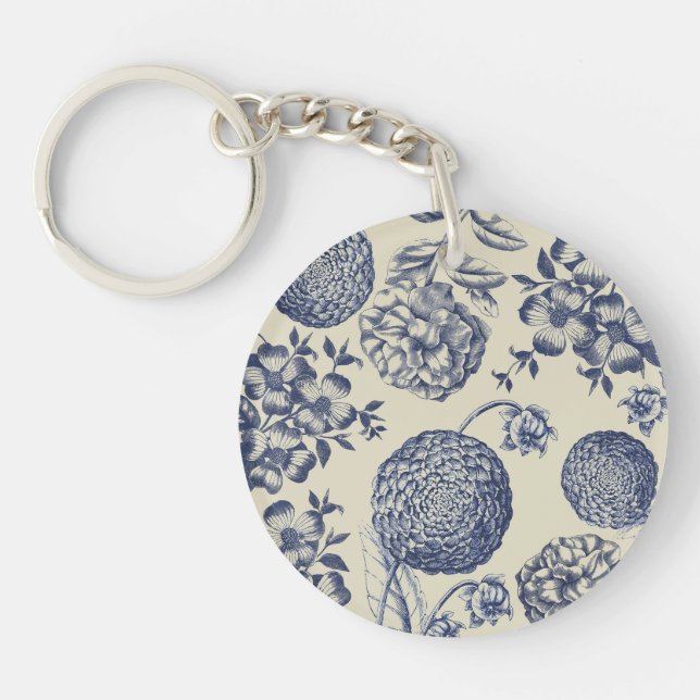 Antique Blue Flower Print Floral Key Ring (Front)