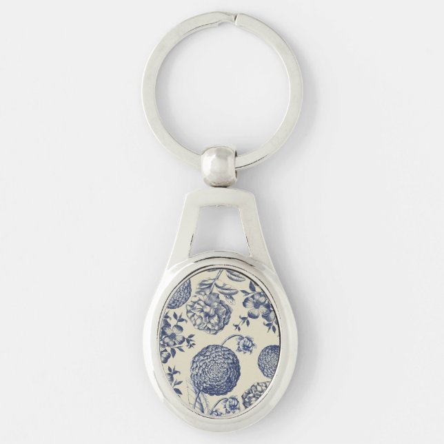 Antique Blue Flower Print Floral Key Ring (Front)