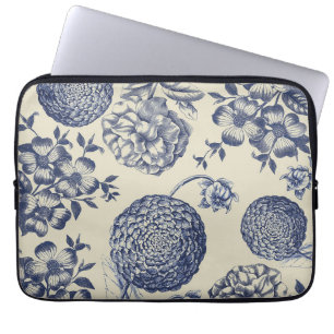 Antique Blue Flower Print Floral Laptop Sleeve