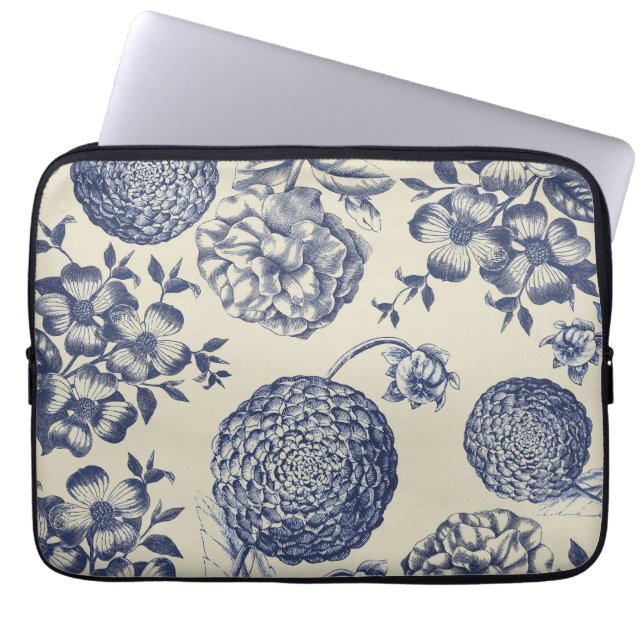Antique Blue Flower Print Floral Laptop Sleeve (Front)