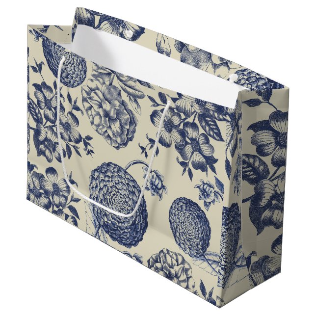 Antique Blue Flower Print Floral Large Gift Bag (Front Angled)