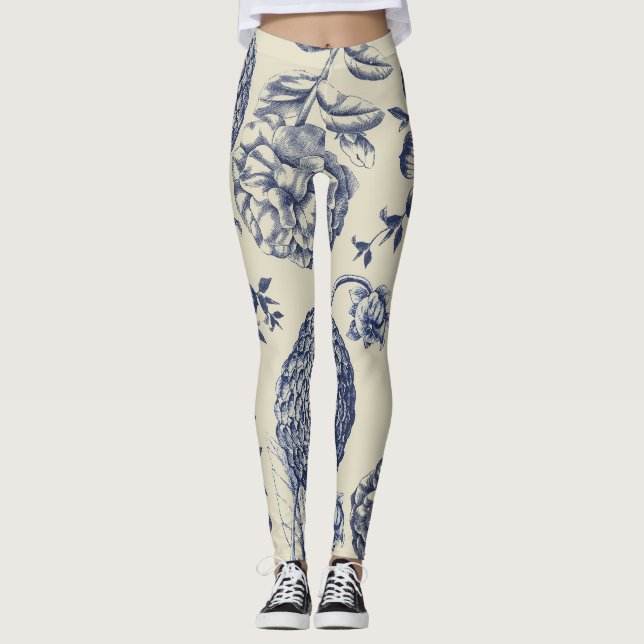 Antique Blue Flower Print Floral Leggings (Front)