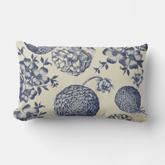 Antique Blue Flower Print Floral Lumbar Cushion (Front)