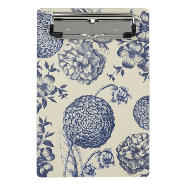 Antique Blue Flower Print Floral Mini Clipboard (Front)