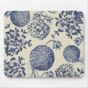Antique Blue Flower Print Floral Mouse Mat
