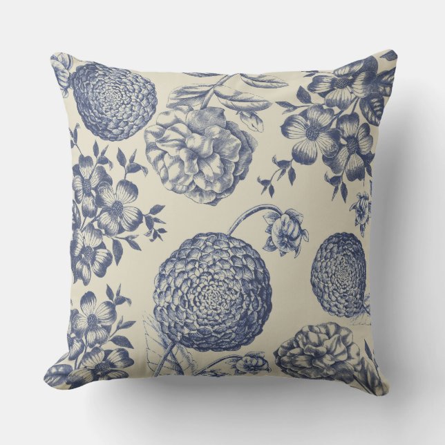Antique Blue Flower Print Floral Outdoor Cushion (Front)